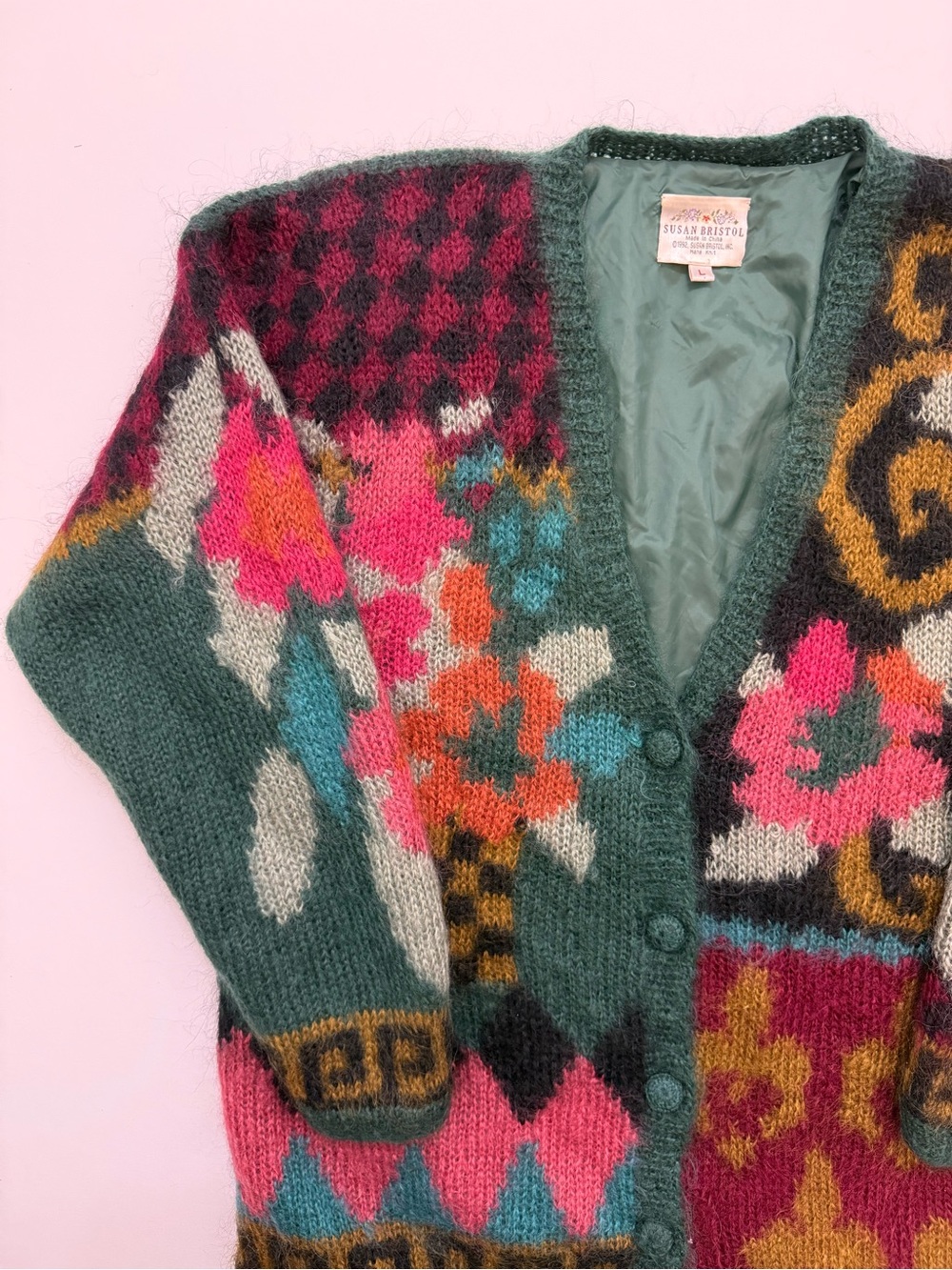 Vintage 90s Susan Bristol Mohair Floral Cardigan Women L Multicolor Boho Sweater - Picture 3 of 10